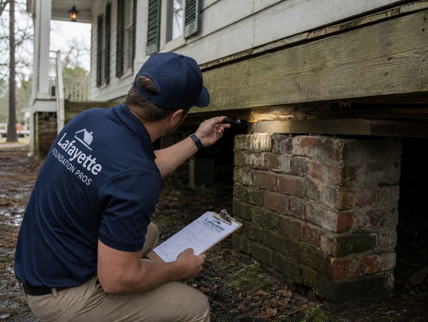 Lafayette Foundation Pros inspecting a raised home foundation
